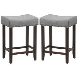 2 pcs Nailhead Saddle Bar Stools with Fabric Seat & Wood Legs